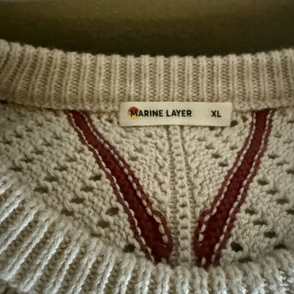 Marine Layer Cream Open-Knit Crew Sweater with Blue and Berry Stripes - Picture 4 of 6